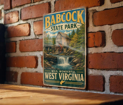 A vintage-style metal sign for Babcock State Park, featuring a scenic illustration of a waterfall and a wooden building, mounted on a brick wall.