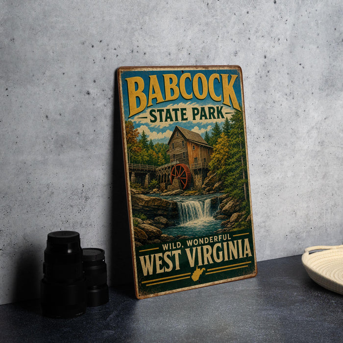 A vintage-style sign for Babcock State Park, featuring a scenic illustration of a mill and waterfall, is displayed on a gray countertop.