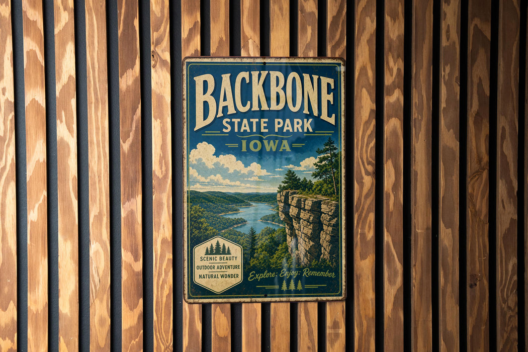A vintage-style metal sign for Backbone State Park in Iowa, featuring a scenic landscape with a cliff overlooking a river.