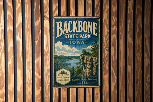 A vintage-style metal sign for Backbone State Park in Iowa, featuring a scenic landscape with a cliff overlooking a river.