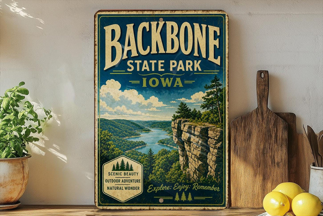 A vintage-style sign for Backbone State Park in Iowa, featuring a scenic landscape with a river, mountains, and pine trees.