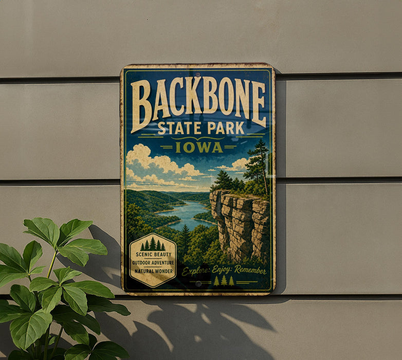 A vintage-style metal sign for Backbone State Park in Iowa, featuring a scenic landscape with a cliff overlooking a river.