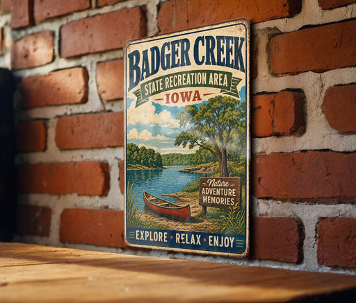 A vintage metal sign for Badger Creek State Recreation Area in Iowa, featuring a scenic illustration of a lake, canoe, and trees.