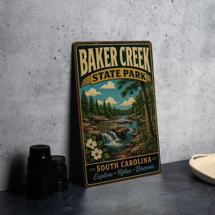 A vintage-style metal sign for Baker Creek State Park, featuring a scenic landscape with a waterfall and pine trees, is displayed on a gray countertop next to a stack of black camera lenses.