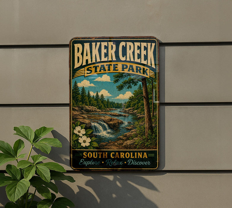 A vintage-style sign for Baker Creek State Park, featuring a scenic landscape with a waterfall and pine trees, mounted on a wall next to a plant.