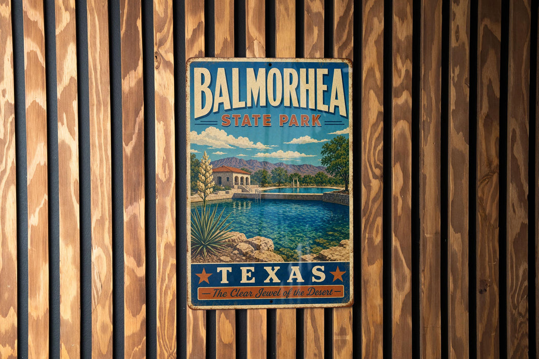 A vintage metal sign for Balmorhega State Park in Texas, featuring a scenic landscape with a pool and mountains in the background.