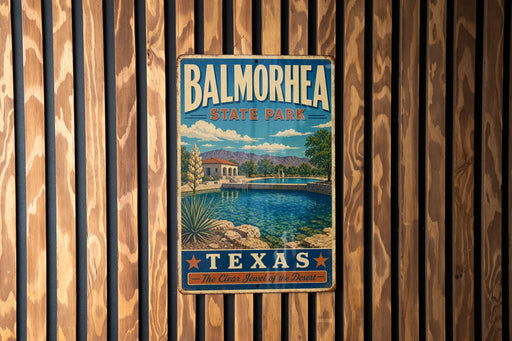 A vintage metal sign for Balmorhega State Park in Texas, featuring a scenic landscape with a pool and mountains in the background.