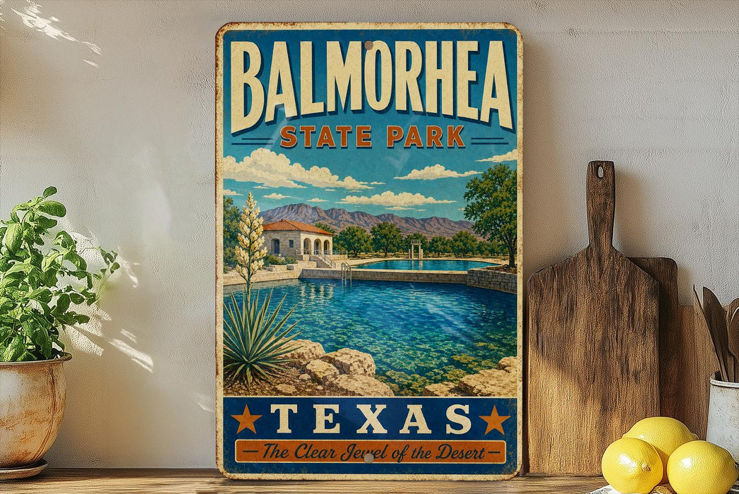 A vintage-style metal sign for Balmorhea State Park in Texas, featuring a scenic image of a swimming pool surrounded by desert landscape and mountains.