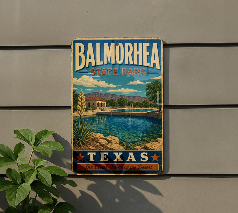 A vintage-style metal sign for Balmorhea State Park in Texas, featuring a scenic image of a pool surrounded by desert landscape and buildings.