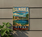 A vintage-style metal sign for Balmorhea State Park in Texas, featuring a scenic image of a pool surrounded by desert landscape and buildings.