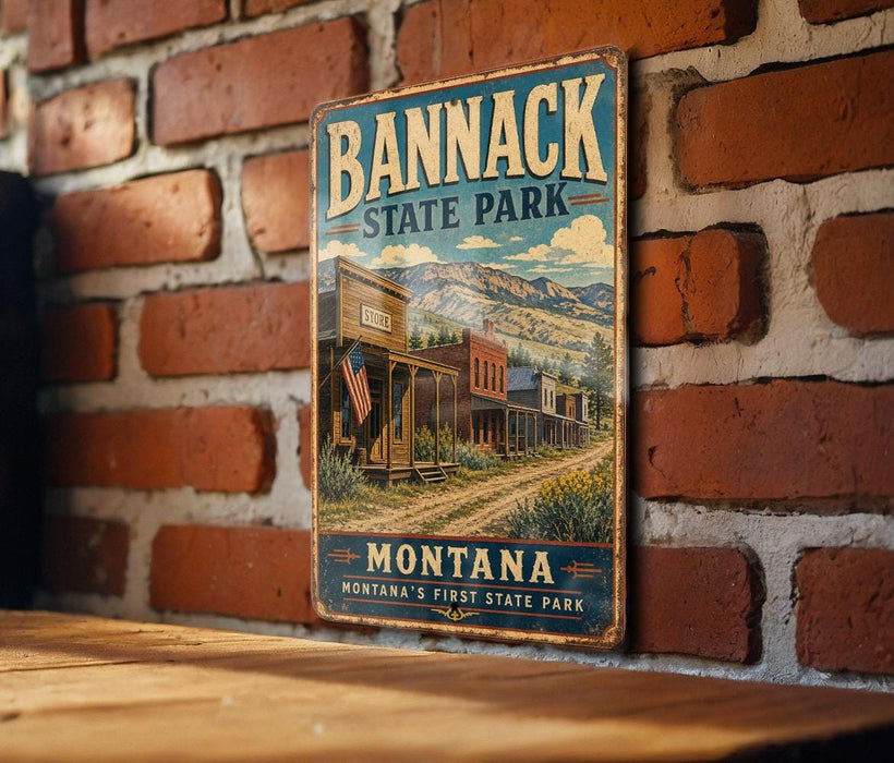 A vintage metal sign for Banack State Park in Montana, featuring a scenic illustration of a small town with a dirt road and mountains in the background.