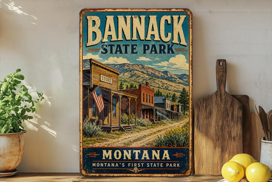 A vintage-style metal sign for Bannack State Park in Montana, featuring a scenic illustration of a small town with a dirt road, buildings, and mountains in the background.