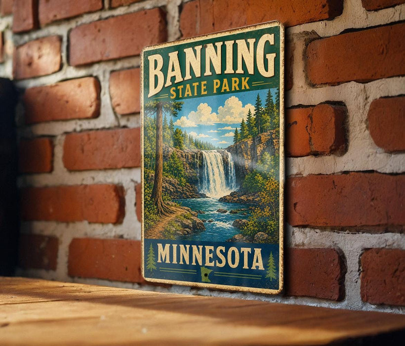 A vintage metal sign for Banning State Park in Minnesota, featuring a scenic illustration of a waterfall surrounded by trees and mountains.