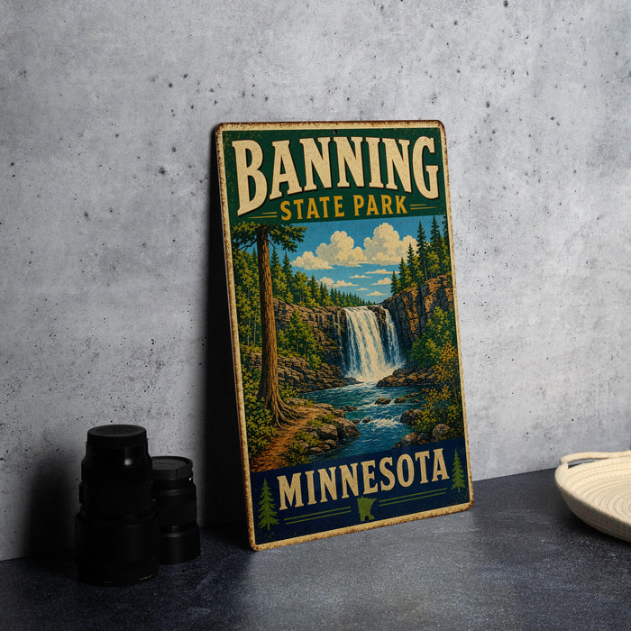A vintage-style sign for Banning State Park in Minnesota, featuring a scenic landscape with a waterfall and pine trees.
