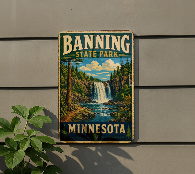 A vintage-style sign for Banning State Park in Minnesota, featuring a scenic waterfall and forest landscape.