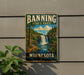 A vintage-style sign for Banning State Park in Minnesota, featuring a scenic waterfall and forest landscape.
