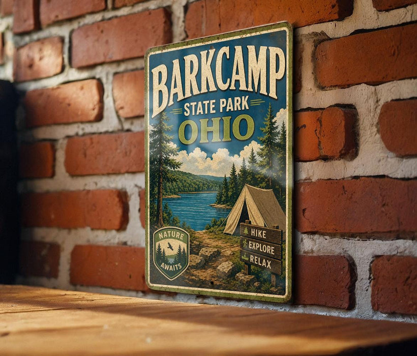 A vintage-style metal sign for Barkcamp State Park, Ohio, featuring a scenic illustration of a forest, a lake, and a tent.