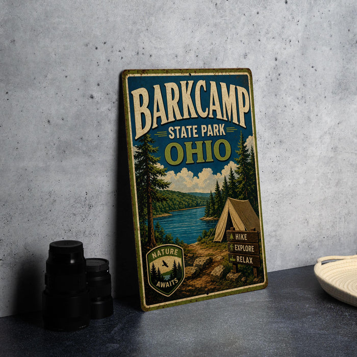 A vintage-style metal sign for Barkcamp State Park, Ohio, featuring a scenic landscape with pine trees, a lake, and a tent.