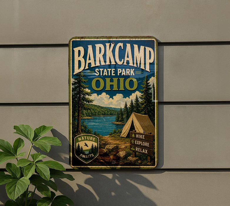 A vintage-style metal sign for Barkcamp State Park in Ohio, featuring a scenic landscape with pine trees, a lake, and a tent, mounted on a wall.