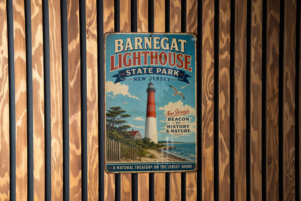 A vintage-style metal sign for Barnegat Lighthouse State Park in New Jersey, featuring a lighthouse and a coastal landscape.
