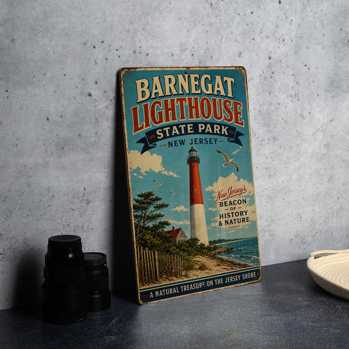 A vintage-style metal sign for BarnEGAT LIGHTHOUSE STATE PARK, NEW JERSEY, featuring a lighthouse and a coastal scene.