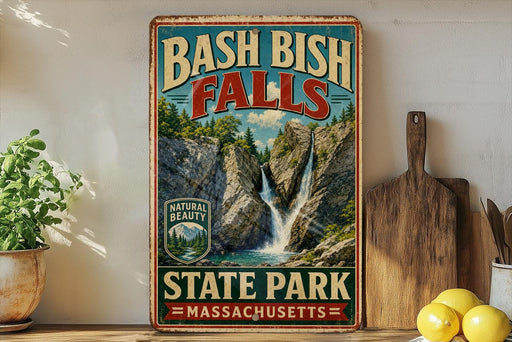 A vintage-style sign for Bash Bish Falls State Park in Massachusetts, featuring a scenic image of the waterfall surrounded by lush greenery.