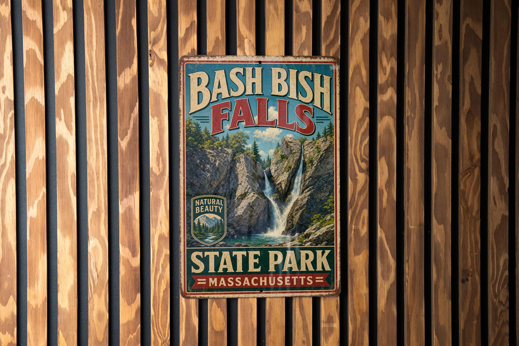 A vintage-style metal sign for Bash Bish Falls State Park in Massachusetts, featuring a waterfall and lush greenery.