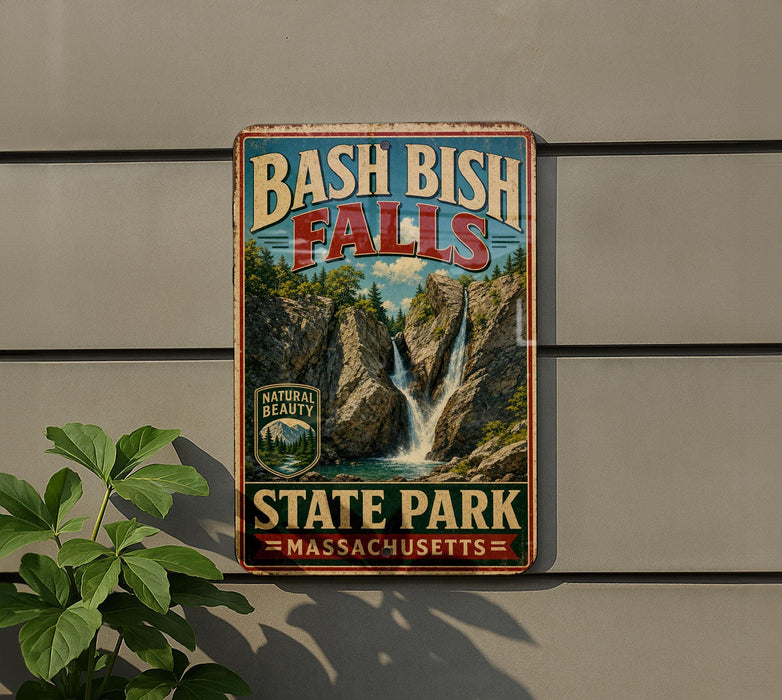 A vintage-style metal sign for Bash Bish Falls State Park in Massachusetts, featuring a waterfall and lush greenery.
