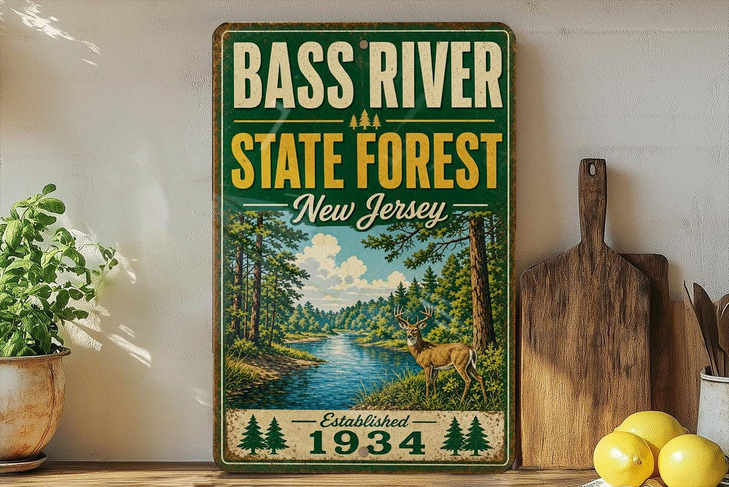 A vintage-style metal sign for the Bass River State Forest in New Jersey, featuring a scenic illustration of a deer in the foreground and a river in the background.