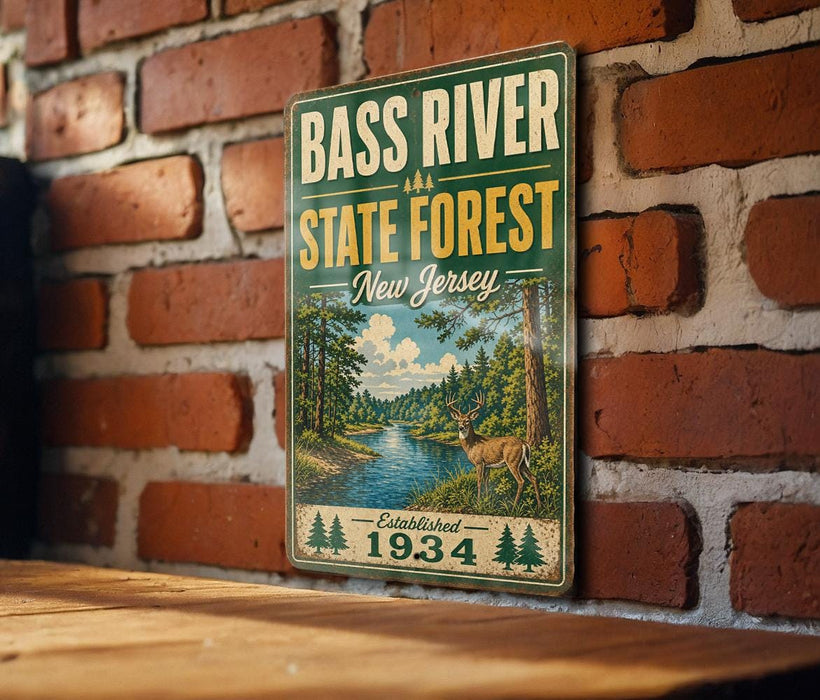 A vintage-style metal sign for the Bass River State Forest in New Jersey, featuring a scenic illustration of a river, forest, and deer.