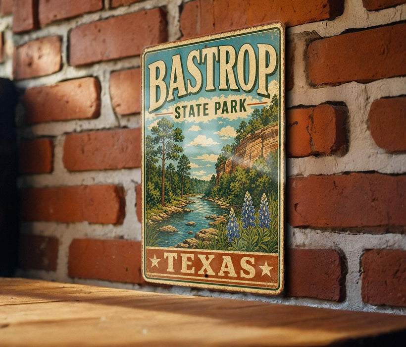 A vintage-style metal sign for Bastrop State Park in Texas, featuring a scenic illustration of a river and lush greenery.