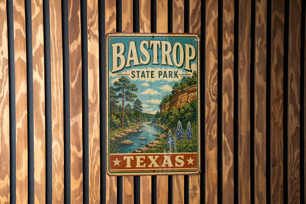 A vintage metal sign for Bastrop State Park in Texas, featuring a scenic landscape with a river and mountains.
