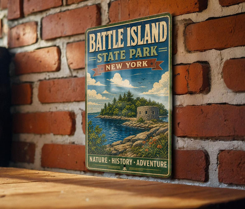 A vintage-style metal sign for Battle Island State Park in New York, featuring a scenic illustration of the island and its surrounding landscape.