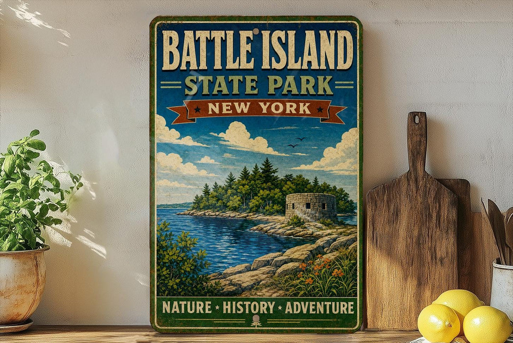A vintage-style metal sign for Battle Island State Park in New York, featuring a scenic landscape with a lighthouse and a body of water.