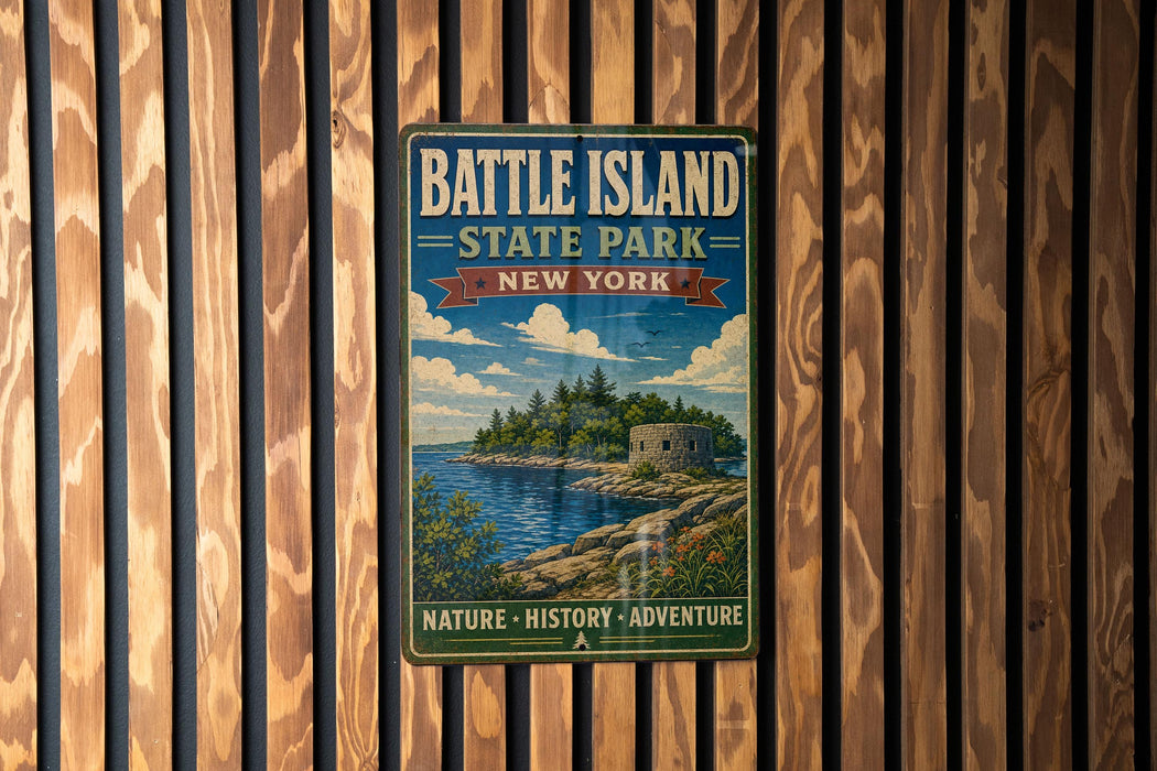 A vintage-style metal sign for Battle Island State Park in New York, featuring a scenic illustration of the island and its surrounding landscape.