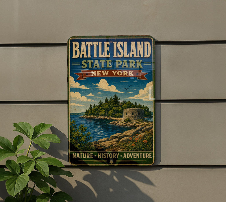 A vintage-style metal sign for Battle Island State Park in New York, featuring a scenic landscape with a lake, mountains, and a castle.