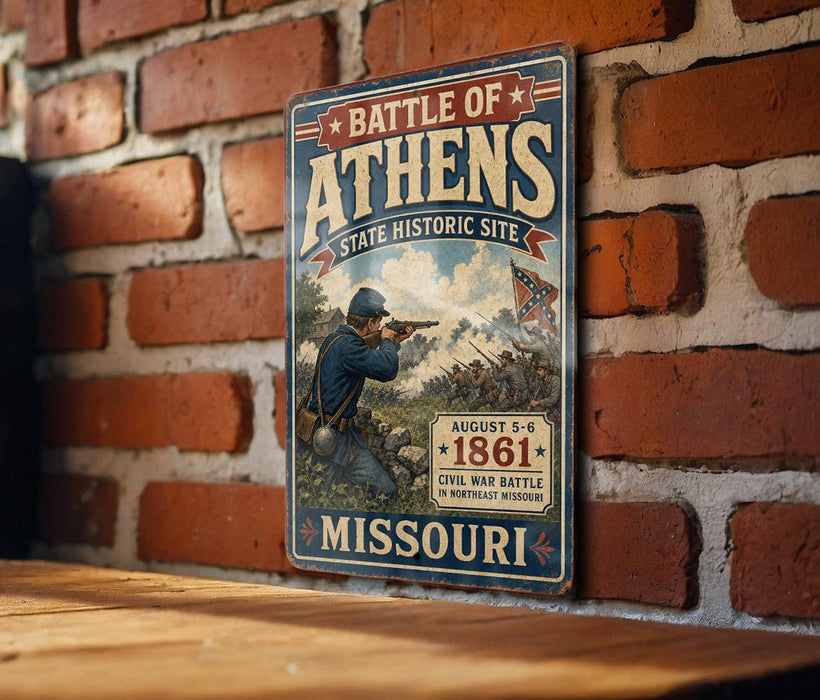 A vintage metal sign depicting a Civil War battle scene in Missouri, with a soldier aiming a rifle.