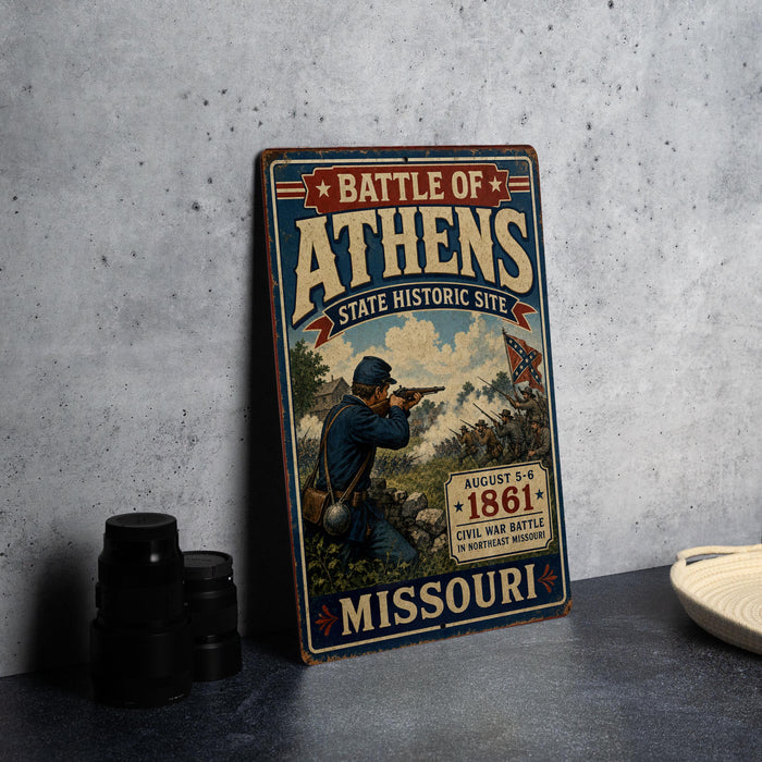 A vintage metal sign titled "Battle of Athens" is displayed on a table, featuring an illustration of a soldier with a rifle.