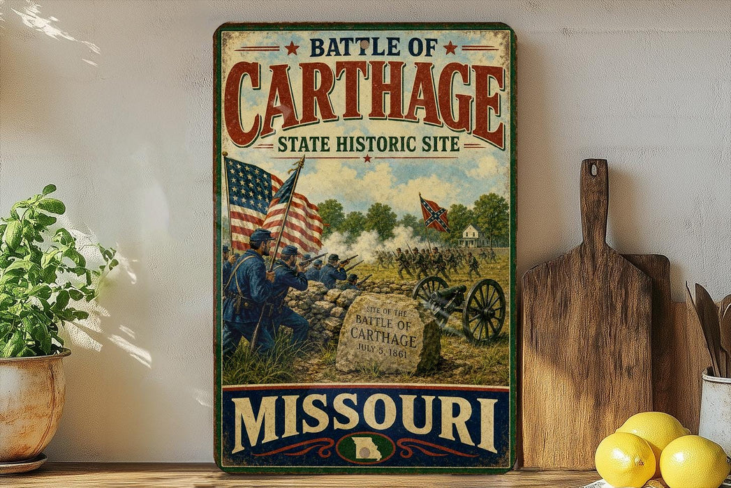 A vintage-style metal sign depicting a battle scene in Missouri, with soldiers and a cannon, is displayed on a shelf next to a wooden cutting board and some lemons.