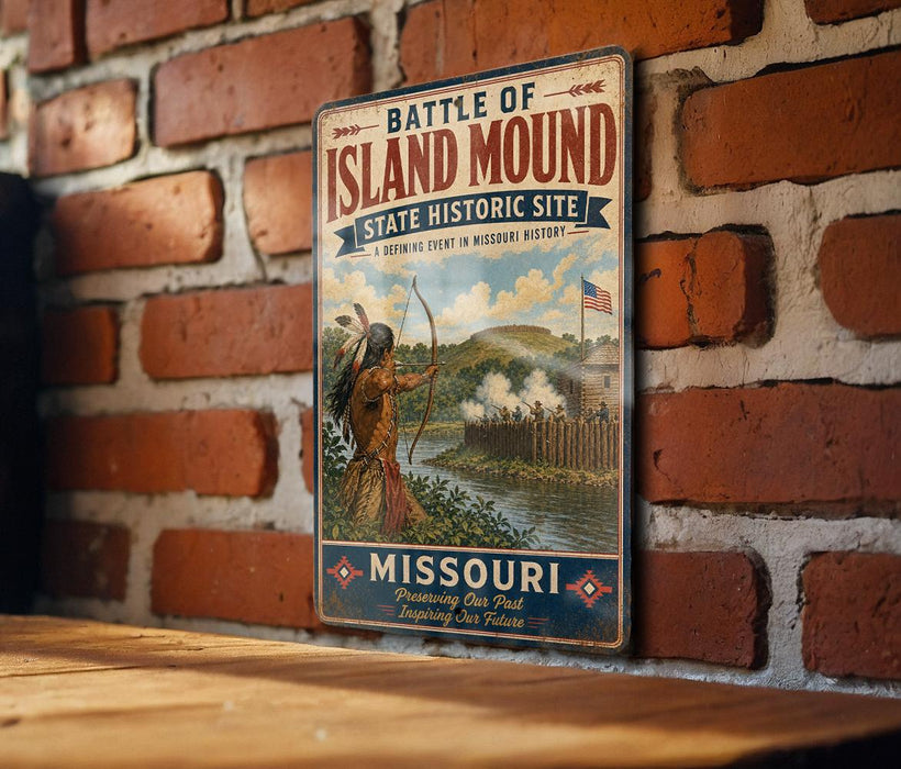 A vintage-style metal sign for the Battle of Island Mound State Historic Site in Missouri, featuring an illustration of a Native American warrior and a historical battle scene.