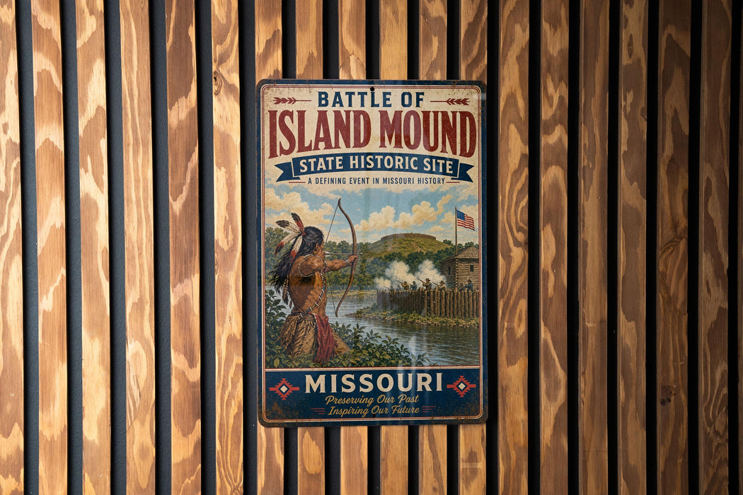 A vintage metal sign with the title "Battle of Island Mound State Historic Site" is displayed on a wooden wall.