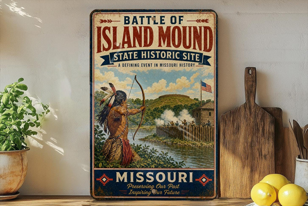 A vintage-style metal sign for the Battle of Island Mound State Historic Site in Missouri, featuring an illustration of a Native American warrior with a bow and arrow.
