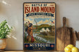 A vintage-style metal sign for the Battle of Island Mound State Historic Site in Missouri, featuring an illustration of a Native American warrior with a bow and arrow.