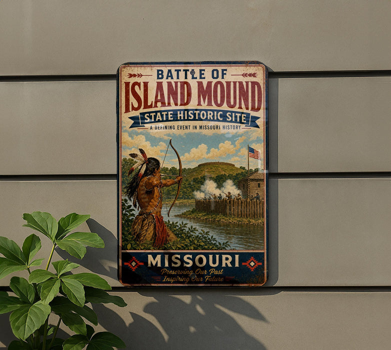 A vintage-style metal sign on a wall, depicting a Native American figure in traditional attire holding a bow and arrow, with a river and fort in the background.