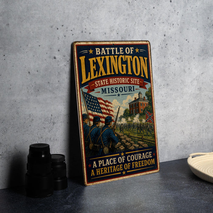 A vintage metal sign with a historical illustration of soldiers marching, accompanied by the text "Battle of Lexington, Missouri, A Place of Courage, A Heritage of Freedom".