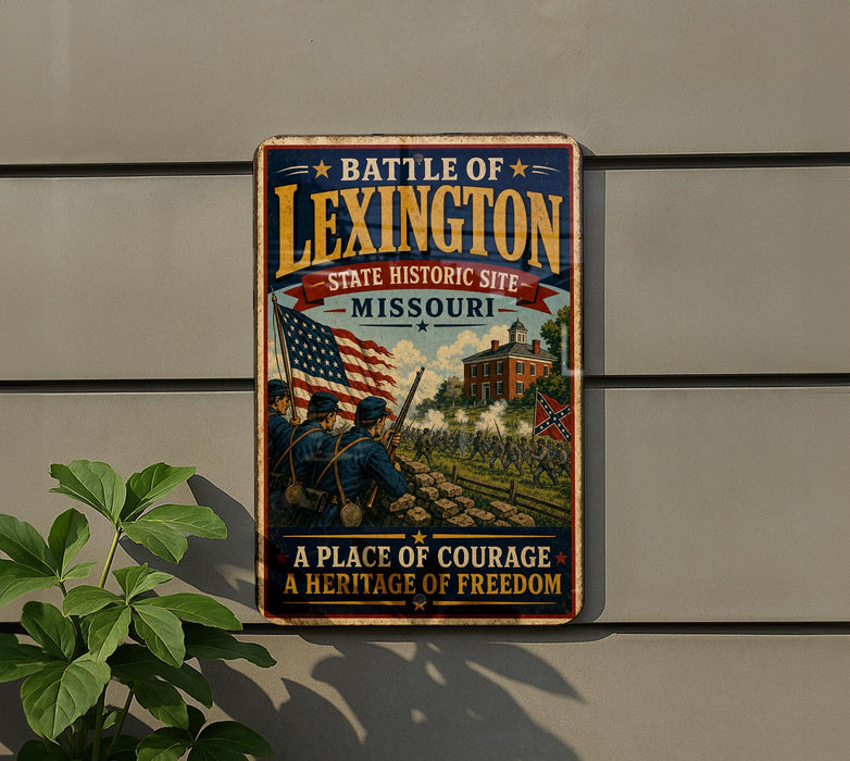 A vintage metal sign on a wall, depicting a battle scene with soldiers and a building, with the text "Battle of Lexington" and "Missouri" prominently displayed.
