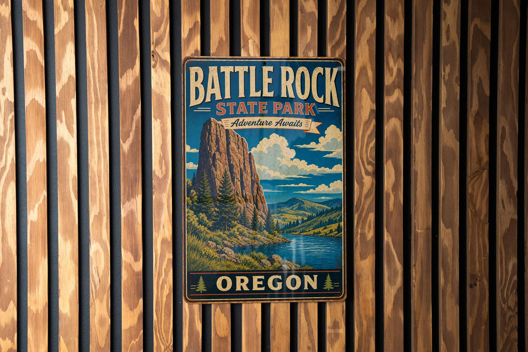 A vintage metal sign for Battle Rock State Park in Oregon, featuring a scenic landscape with a mountain, river, and forest.