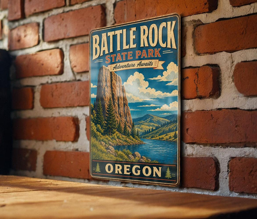 A vintage metal sign for Battle Rock State Park in Oregon, featuring a scenic landscape with a mountain, river, and forest.
