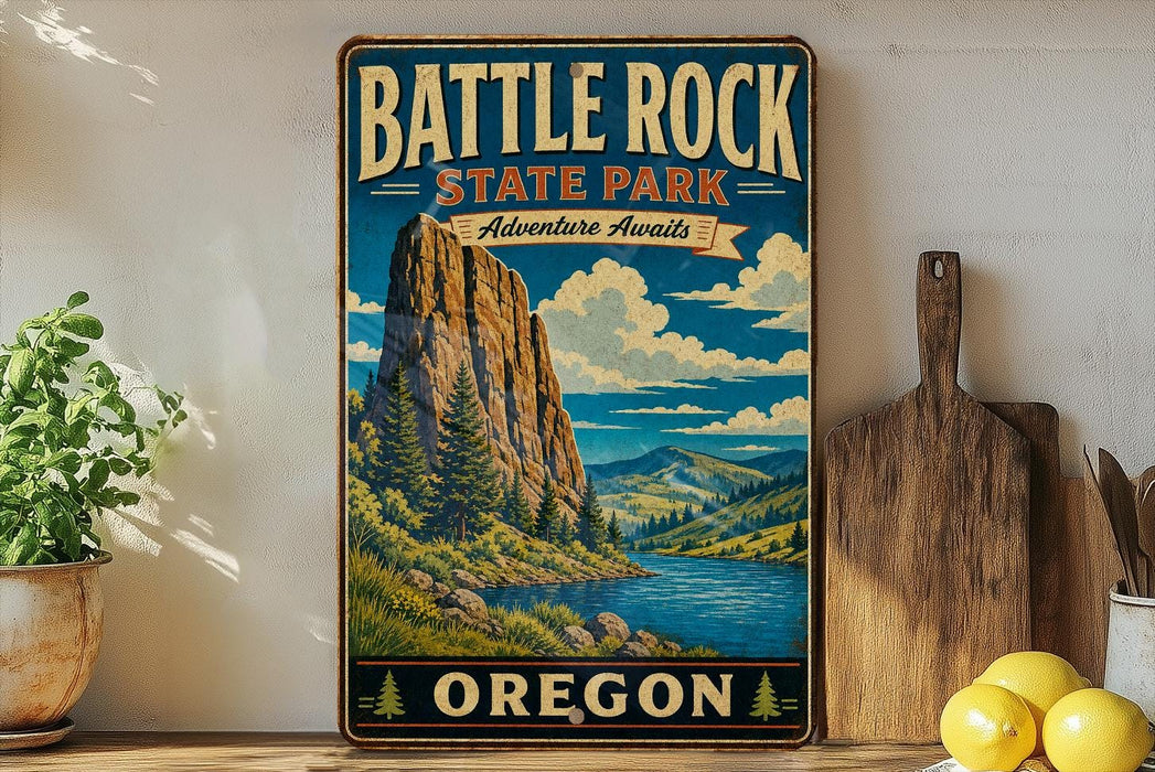 A vintage-style metal sign for Battle Rock State Park in Oregon, featuring a scenic mountain landscape with a river and pine trees.