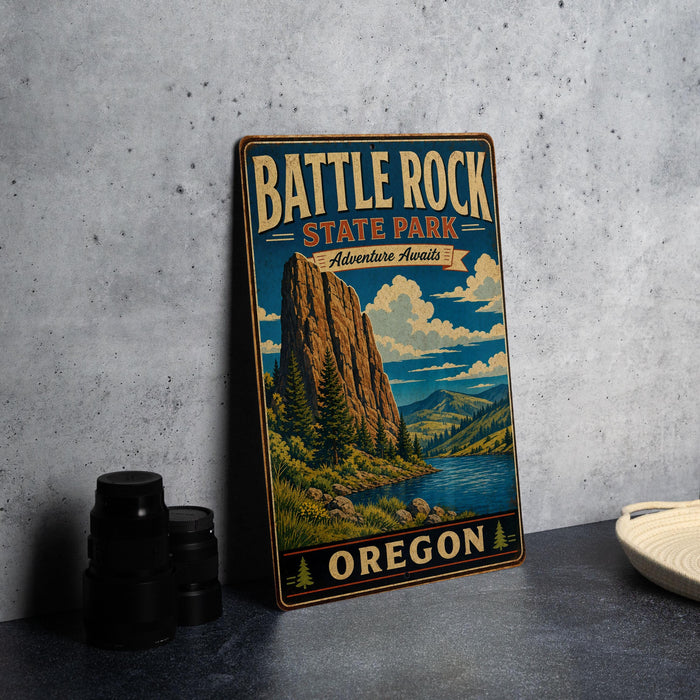 A vintage metal sign for Battle Rock State Park in Oregon, featuring a scenic illustration of a mountain landscape with a river and pine trees.